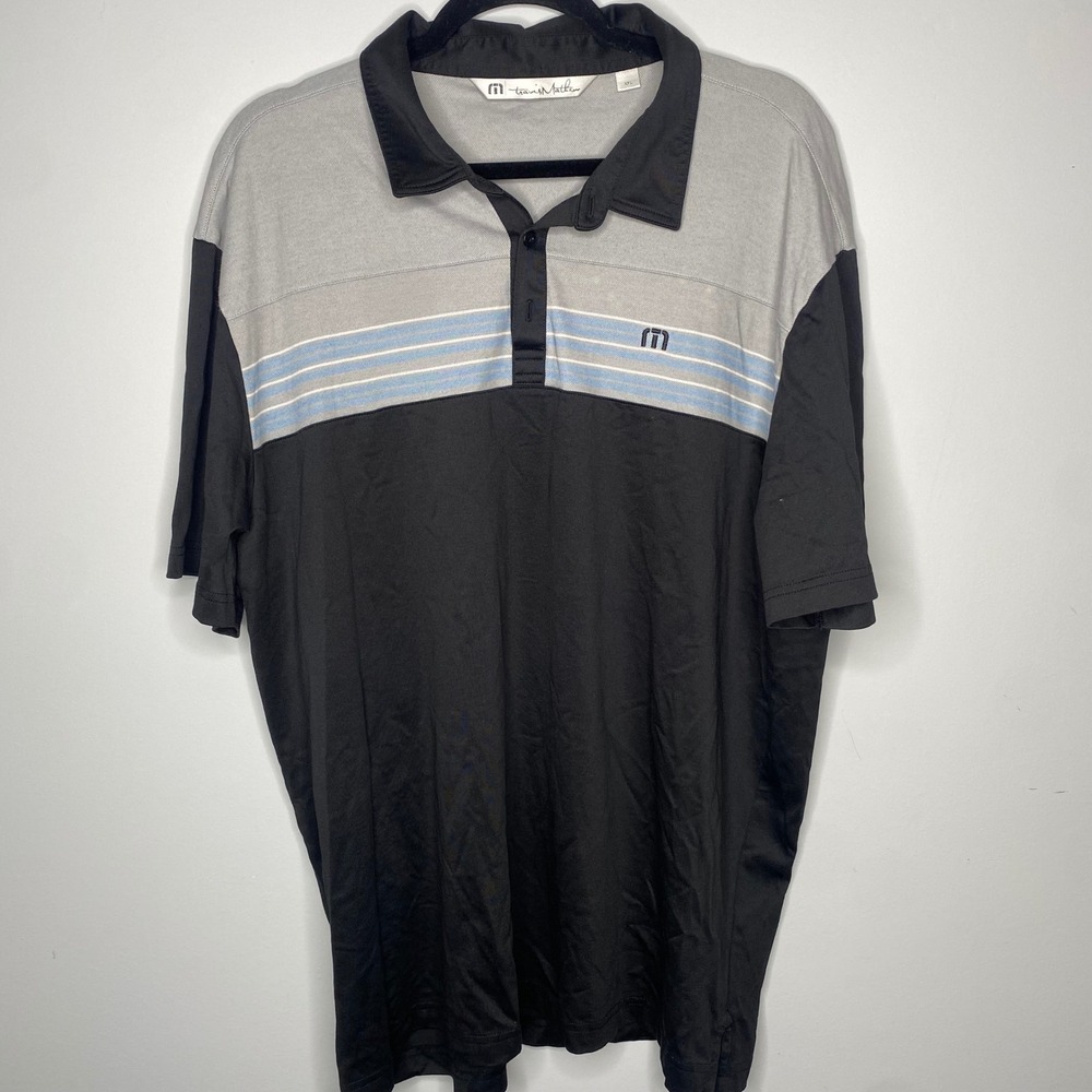 Travis Mathew‎ Mens Polo Shirt Golf Athleisure Black Grey Blue Stripe XXL